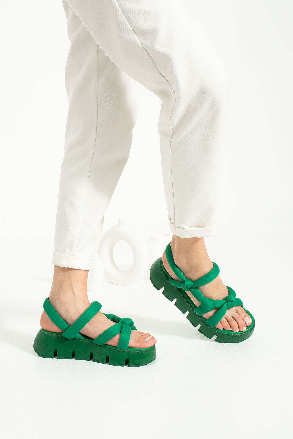 Patricia Çimen Yeşili Dalgıc Kumaşı  Düğümlü Kadın Sandalet